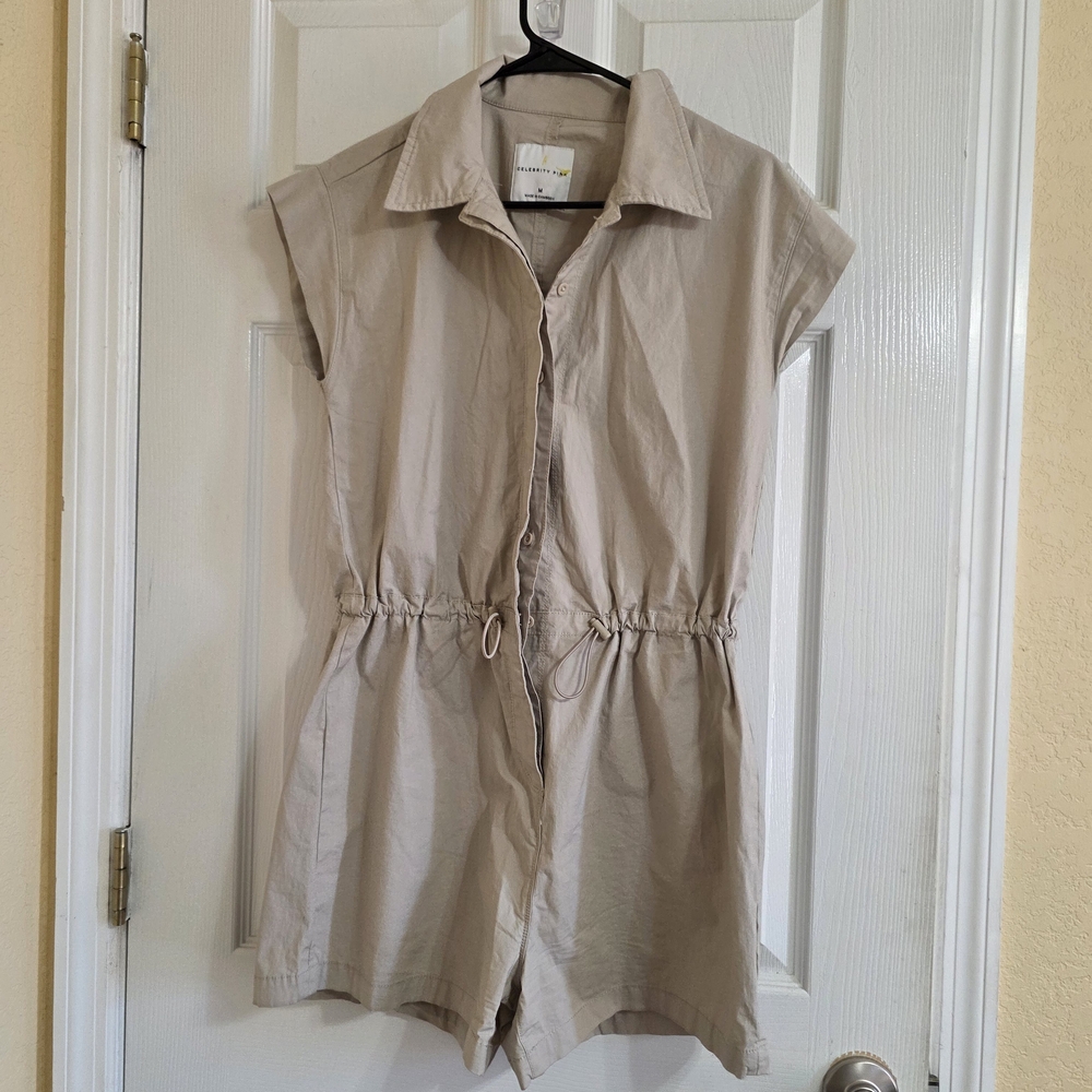 Celebrity Pink Neutral Beige Button-Front Romper